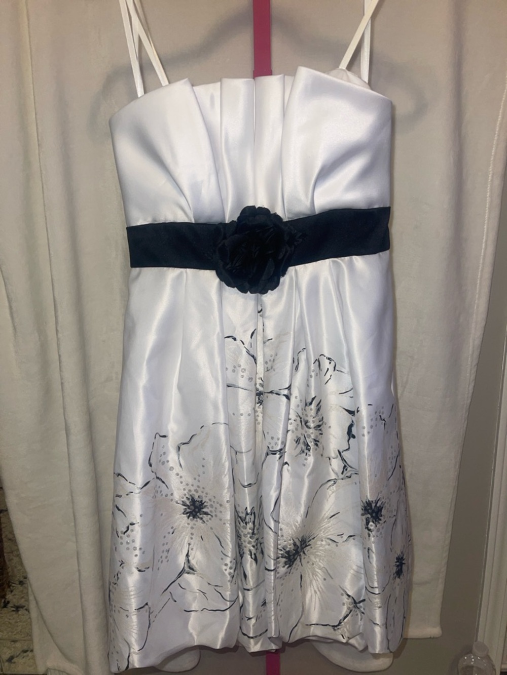 Betsy & Adam White Strapless Cocktail Dress with Black Sash